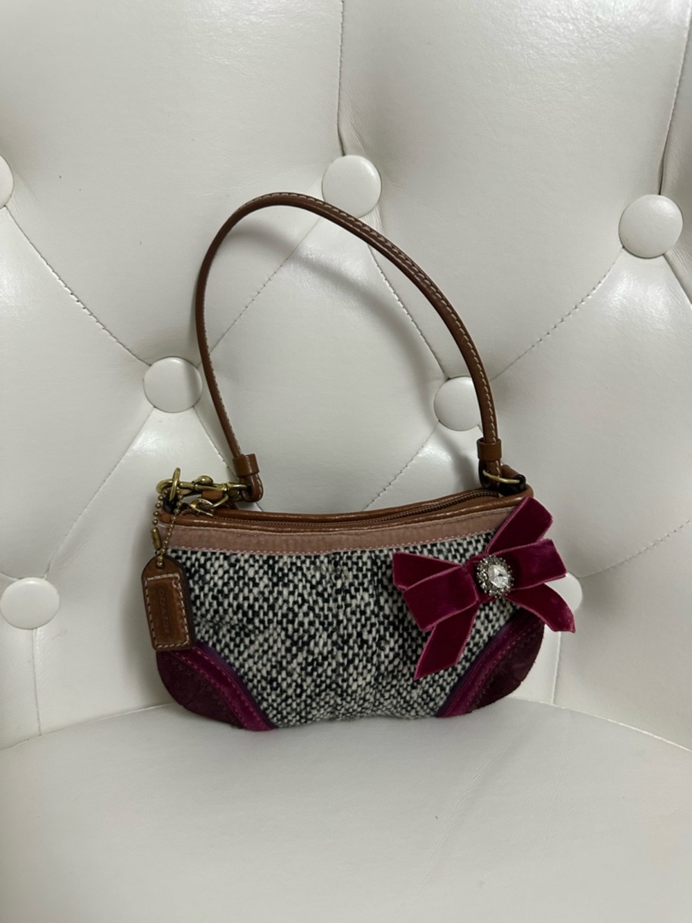 Coach Brown & Burgundy Tweed Wristlet with Velvet Bow